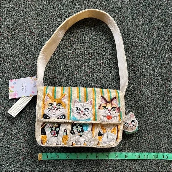TJMAXX MARSHALLS VIRAL Cat Theme Striped Charm Beaded Shoulder Bag Purse Collect - Picture 15 of 16